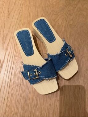 Denim Buckle Slide Sandals - Blue